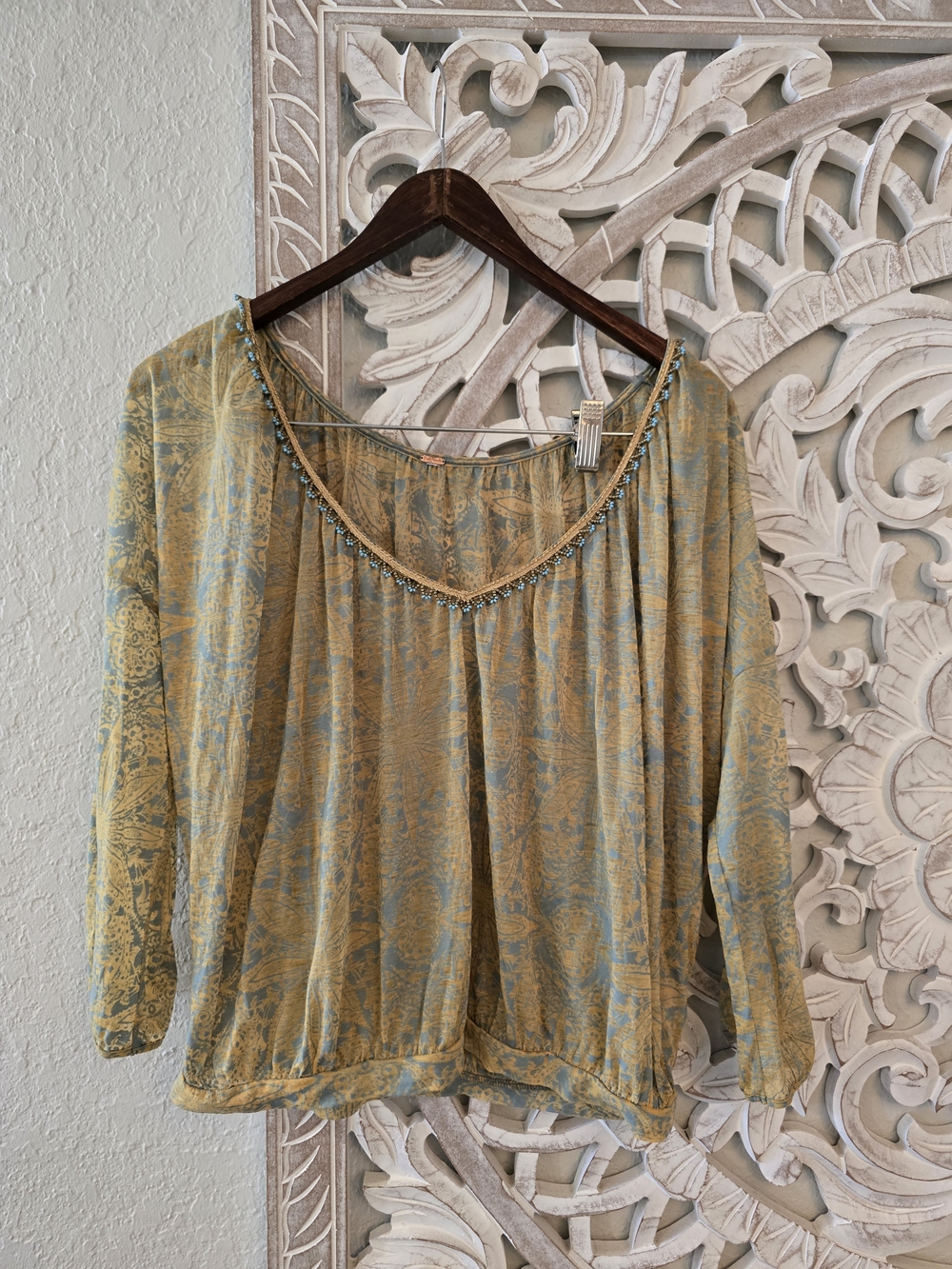 Free People Mustard and Light Blue Scoop Neck Tunic with Beaded Trim S